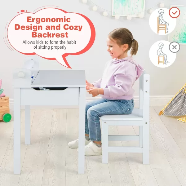 INFANS Kids Table and Chair Set with Paper Roll, Wooden Lift-top Desk for Toddler Writing Drawing Reading Craft Art, Children Furniture Activity Table Set for Nursery Daycare Playroom 