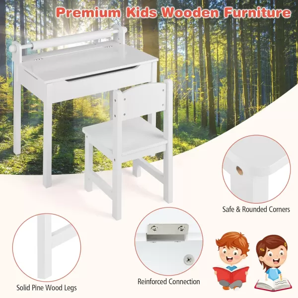 INFANS Kids Table and Chair Set with Paper Roll, Wooden Lift-top Desk for Toddler Writing Drawing Reading Craft Art, Children Furniture Activity Table Set for Nursery Daycare Playroom 
