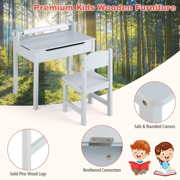 INFANS Kids Table and Chair Set with Paper Roll, Wooden Lift-top Desk for Toddler Writing Drawing Reading Craft Art, Children Furniture Activity Table Set for Nursery Daycare Playroom 