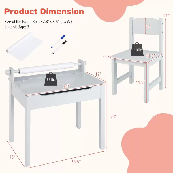 INFANS Kids Table and Chair Set with Paper Roll, Wooden Lift-top Desk for Toddler Writing Drawing Reading Craft Art, Children Furniture Activity Table Set for Nursery Daycare Playroom 