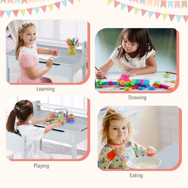 INFANS Kids Table and Chair Set with Paper Roll, Wooden Lift-top Desk for Toddler Writing Drawing Reading Craft Art, Children Furniture Activity Table Set for Nursery Daycare Playroom 