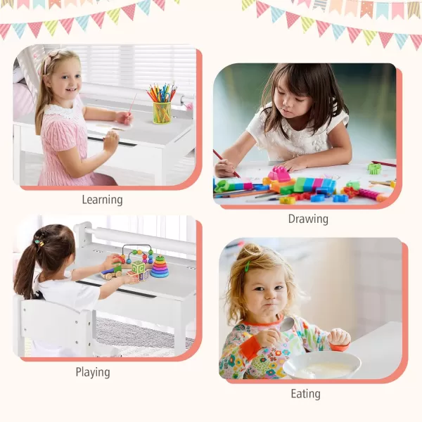 INFANS Kids Table and Chair Set with Paper Roll, Wooden Lift-top Desk for Toddler Writing Drawing Reading Craft Art, Children Furniture Activity Table Set for Nursery Daycare Playroom 