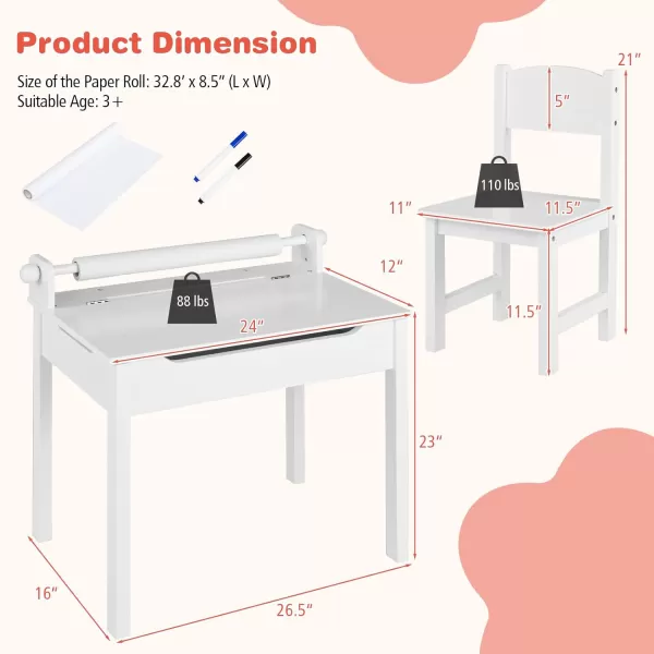 INFANS Kids Table and Chair Set with Paper Roll, Wooden Lift-top Desk for Toddler Writing Drawing Reading Craft Art, Children Furniture Activity Table Set for Nursery Daycare Playroom 