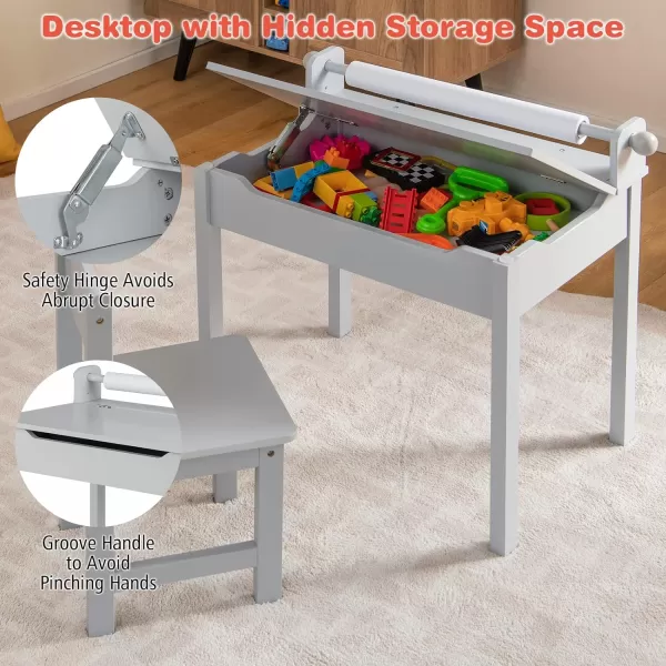 INFANS Kids Table and Chair Set with Paper Roll, Wooden Lift-top Desk for Toddler Writing Drawing Reading Craft Art, Children Furniture Activity Table Set for Nursery Daycare Playroom 