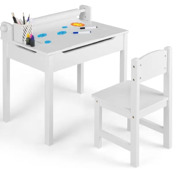 INFANS Kids Table and Chair Set with Paper Roll, Wooden Lift-top Desk for Toddler Writing Drawing Reading Craft Art, Children Furniture Activity Table Set for Nursery Daycare Playroom 