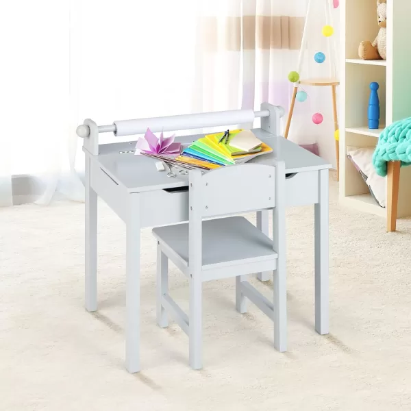 INFANS Kids Table and Chair Set with Paper Roll, Wooden Lift-top Desk for Toddler Writing Drawing Reading Craft Art, Children Furniture Activity Table Set for Nursery Daycare Playroom 