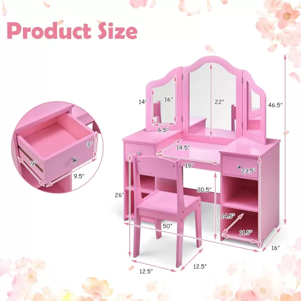 INFANS Kids Vanity, 2 in 1 Princess Makeup Desk &amp; Chair Set with Tri-Folding Detachable Mirror, Large Storage Shelves, Wooden Pretend Play Dressing Table for Girls
