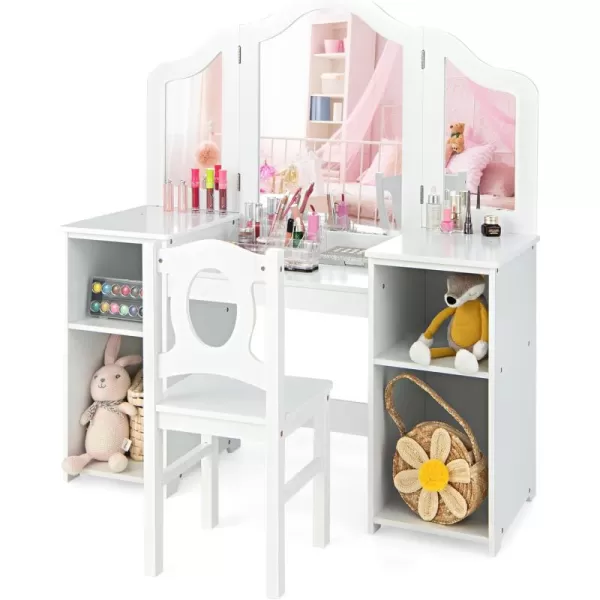 INFANS Kids Vanity, 2 in 1 Princess Makeup Desk &amp; Chair Set with Tri-Folding Detachable Mirror, Large Storage Shelves, Wooden Pretend Play Dressing Table for Girls