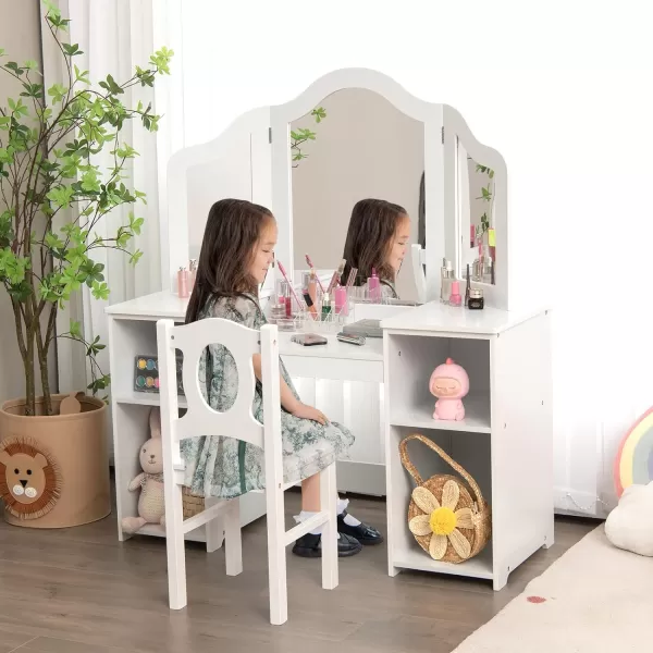 INFANS Kids Vanity, 2 in 1 Princess Makeup Desk &amp; Chair Set with Tri-Folding Detachable Mirror, Large Storage Shelves, Wooden Pretend Play Dressing Table for Girls