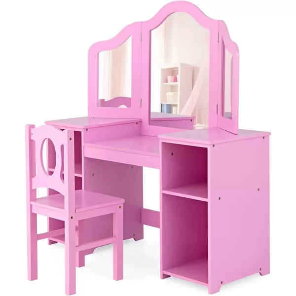 INFANS Kids Vanity, 2 in 1 Princess Makeup Desk &amp; Chair Set with Tri-Folding Detachable Mirror, Large Storage Shelves, Wooden Pretend Play Dressing Table for Girls