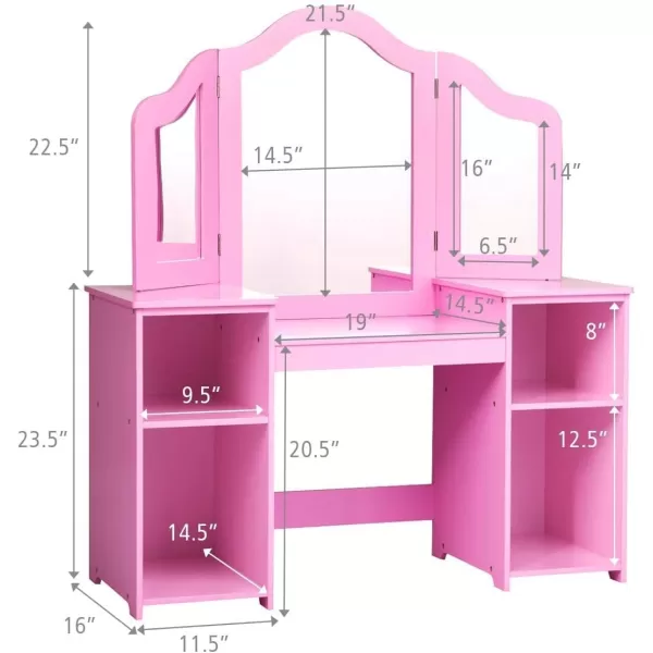 INFANS Kids Vanity, 2 in 1 Princess Makeup Desk &amp; Chair Set with Tri-Folding Detachable Mirror, Large Storage Shelves, Wooden Pretend Play Dressing Table for Girls