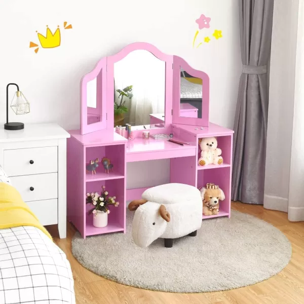 INFANS Kids Vanity, 2 in 1 Princess Makeup Desk &amp; Chair Set with Tri-Folding Detachable Mirror, Large Storage Shelves, Wooden Pretend Play Dressing Table for Girls