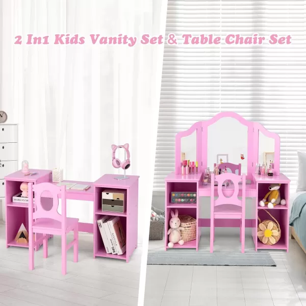 INFANS Kids Vanity, 2 in 1 Princess Makeup Desk &amp; Chair Set with Tri-Folding Detachable Mirror, Large Storage Shelves, Wooden Pretend Play Dressing Table for Girls