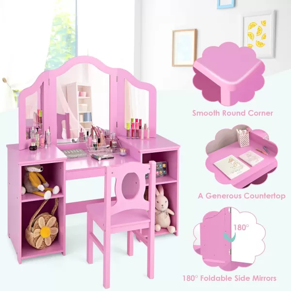 INFANS Kids Vanity, 2 in 1 Princess Makeup Desk &amp; Chair Set with Tri-Folding Detachable Mirror, Large Storage Shelves, Wooden Pretend Play Dressing Table for Girls