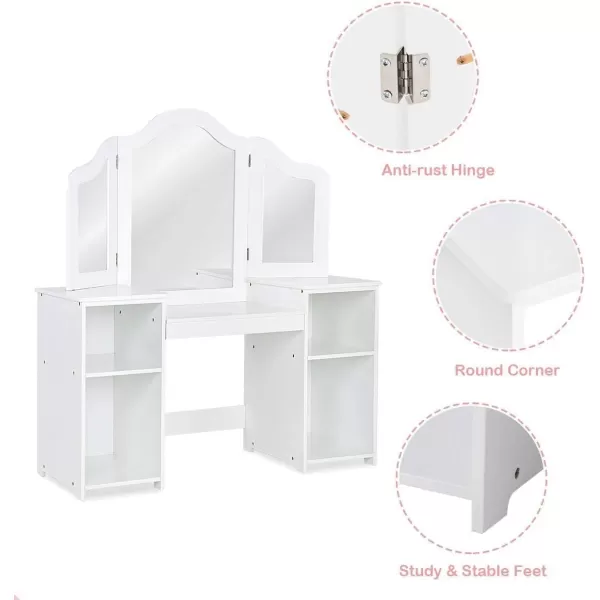INFANS Kids Vanity, 2 in 1 Princess Makeup Desk &amp; Chair Set with Tri-Folding Detachable Mirror, Large Storage Shelves, Wooden Pretend Play Dressing Table for Girls