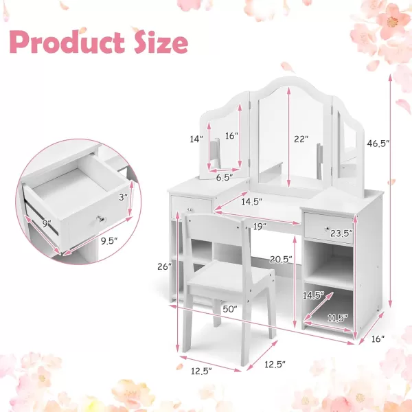 INFANS Kids Vanity, 2 in 1 Princess Makeup Desk &amp; Chair Set with Tri-Folding Detachable Mirror, Large Storage Shelves, Wooden Pretend Play Dressing Table for Girls
