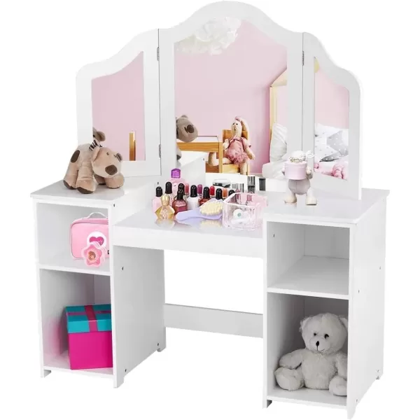 INFANS Kids Vanity, 2 in 1 Princess Makeup Desk &amp; Chair Set with Tri-Folding Detachable Mirror, Large Storage Shelves, Wooden Pretend Play Dressing Table for Girls