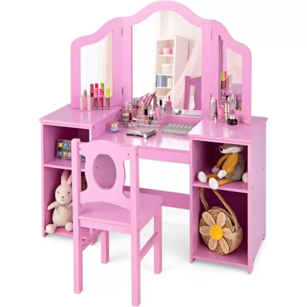 INFANS Kids Vanity, 2 in 1 Princess Makeup Desk &amp; Chair Set with Tri-Folding Detachable Mirror, Large Storage Shelves, Wooden Pretend Play Dressing Table for Girls