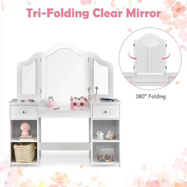 INFANS Kids Vanity, 2 in 1 Princess Makeup Desk &amp; Chair Set with Tri-Folding Detachable Mirror, Large Storage Shelves, Wooden Pretend Play Dressing Table for Girls