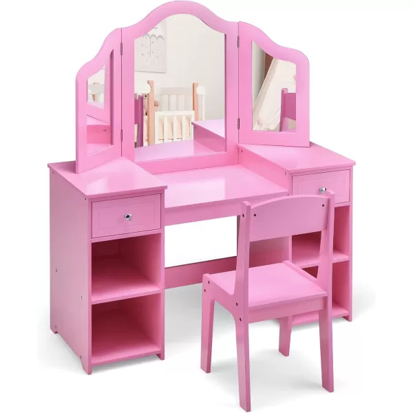 INFANS Kids Vanity, 2 in 1 Princess Makeup Desk &amp; Chair Set with Tri-Folding Detachable Mirror, Large Storage Shelves, Wooden Pretend Play Dressing Table for Girls