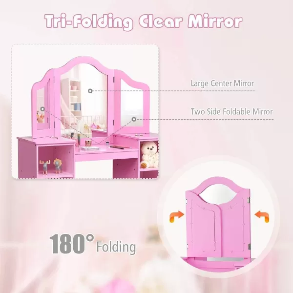 INFANS Kids Vanity, 2 in 1 Princess Makeup Desk &amp; Chair Set with Tri-Folding Detachable Mirror, Large Storage Shelves, Wooden Pretend Play Dressing Table for Girls