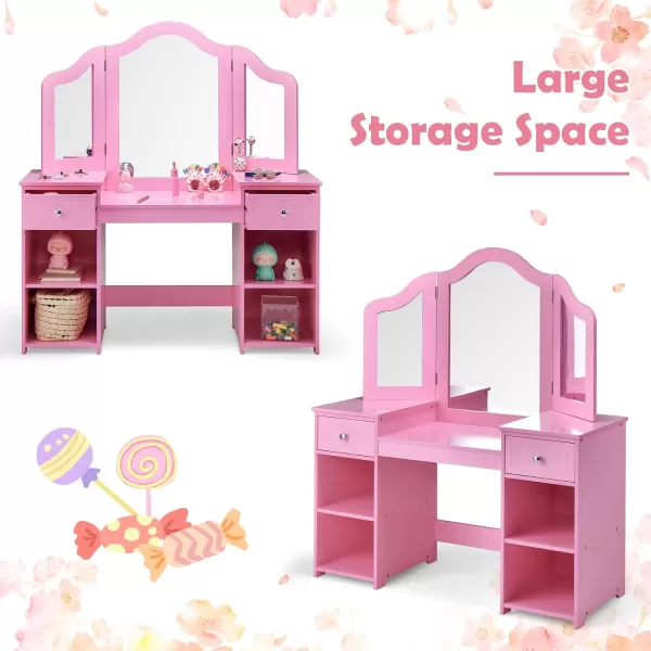 INFANS Kids Vanity, 2 in 1 Princess Makeup Desk &amp; Chair Set with Tri-Folding Detachable Mirror, Large Storage Shelves, Wooden Pretend Play Dressing Table for Girls