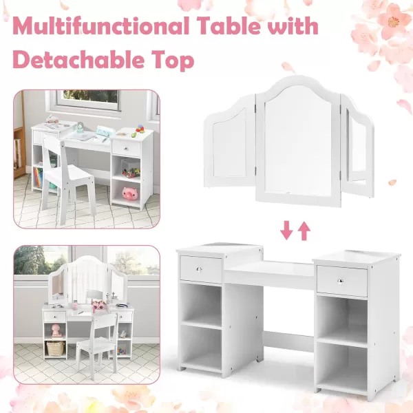INFANS Kids Vanity, 2 in 1 Princess Makeup Desk &amp; Chair Set with Tri-Folding Detachable Mirror, Large Storage Shelves, Wooden Pretend Play Dressing Table for Girls
