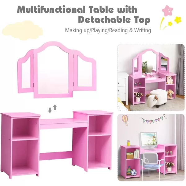 INFANS Kids Vanity, 2 in 1 Princess Makeup Desk &amp; Chair Set with Tri-Folding Detachable Mirror, Large Storage Shelves, Wooden Pretend Play Dressing Table for Girls