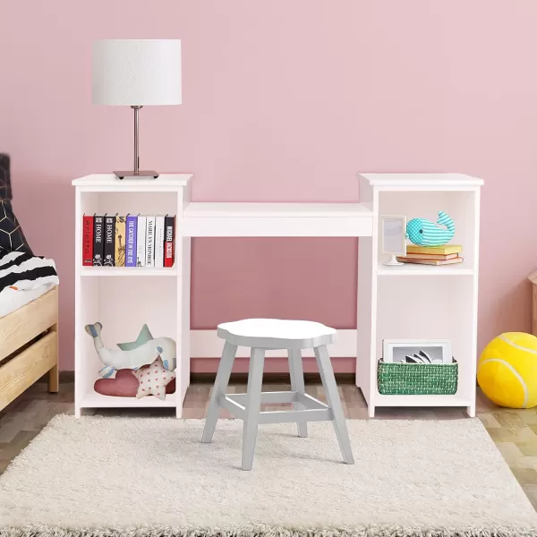 INFANS Kids Vanity, 2 in 1 Princess Makeup Desk &amp; Chair Set with Tri-Folding Detachable Mirror, Large Storage Shelves, Wooden Pretend Play Dressing Table for Girls