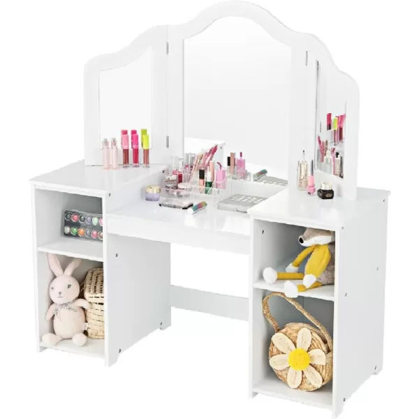 INFANS Kids Vanity, 2 in 1 Princess Makeup Desk &amp; Chair Set with Tri-Folding Detachable Mirror, Large Storage Shelves, Wooden Pretend Play Dressing Table for Girls