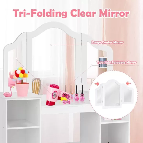 INFANS Kids Vanity, 2 in 1 Princess Makeup Desk &amp; Chair Set with Tri-Folding Detachable Mirror, Large Storage Shelves, Wooden Pretend Play Dressing Table for Girls