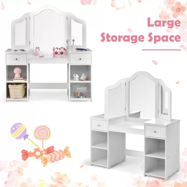 INFANS Kids Vanity, 2 in 1 Princess Makeup Desk &amp; Chair Set with Tri-Folding Detachable Mirror, Large Storage Shelves, Wooden Pretend Play Dressing Table for Girls