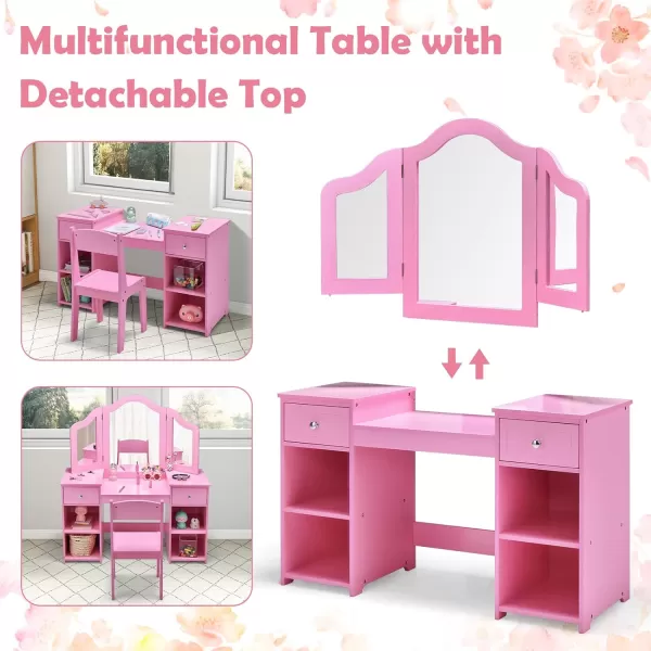 INFANS Kids Vanity, 2 in 1 Princess Makeup Desk &amp; Chair Set with Tri-Folding Detachable Mirror, Large Storage Shelves, Wooden Pretend Play Dressing Table for Girls