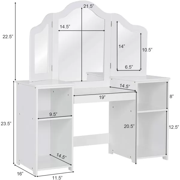 INFANS Kids Vanity, 2 in 1 Princess Makeup Desk &amp; Chair Set with Tri-Folding Detachable Mirror, Large Storage Shelves, Wooden Pretend Play Dressing Table for Girls