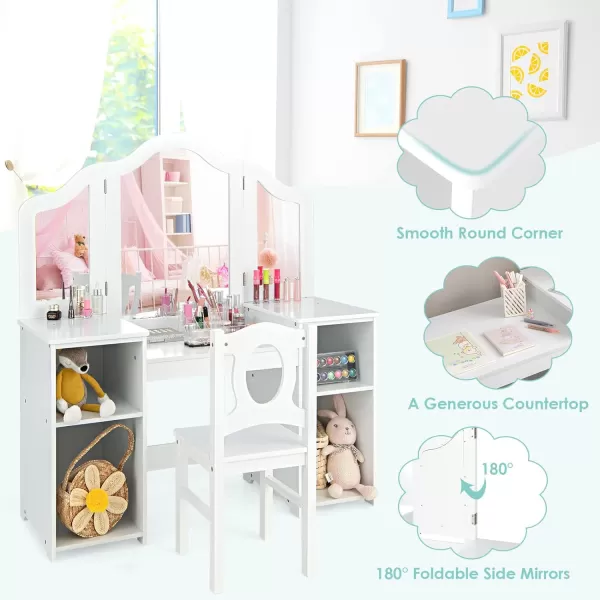 INFANS Kids Vanity, 2 in 1 Princess Makeup Desk &amp; Chair Set with Tri-Folding Detachable Mirror, Large Storage Shelves, Wooden Pretend Play Dressing Table for Girls