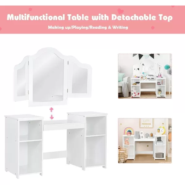 INFANS Kids Vanity, 2 in 1 Princess Makeup Desk &amp; Chair Set with Tri-Folding Detachable Mirror, Large Storage Shelves, Wooden Pretend Play Dressing Table for Girls