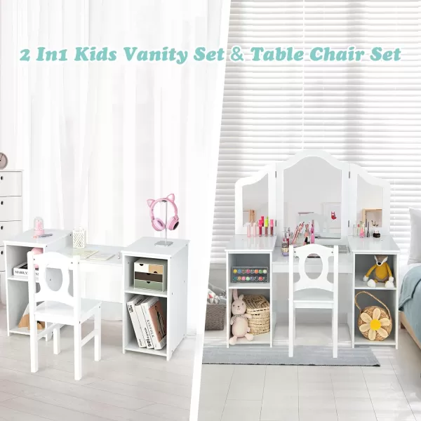 INFANS Kids Vanity, 2 in 1 Princess Makeup Desk &amp; Chair Set with Tri-Folding Detachable Mirror, Large Storage Shelves, Wooden Pretend Play Dressing Table for Girls