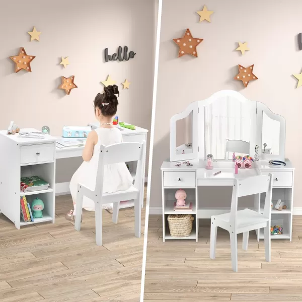 INFANS Kids Vanity, 2 in 1 Princess Makeup Desk &amp; Chair Set with Tri-Folding Detachable Mirror, Large Storage Shelves, Wooden Pretend Play Dressing Table for Girls