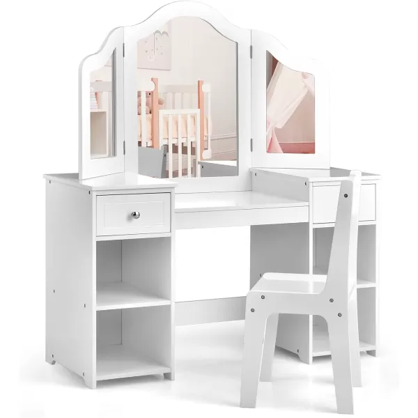 INFANS Kids Vanity, 2 in 1 Princess Makeup Desk &amp; Chair Set with Tri-Folding Detachable Mirror, Large Storage Shelves, Wooden Pretend Play Dressing Table for Girls
