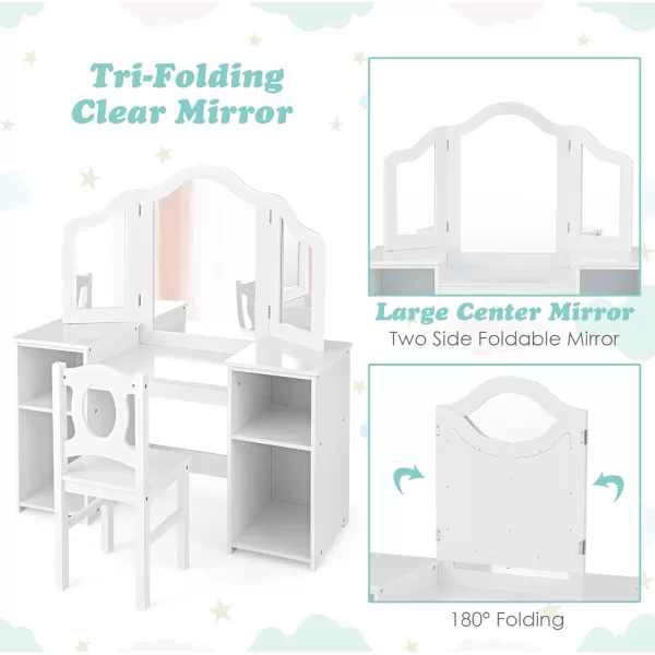 INFANS Kids Vanity, 2 in 1 Princess Makeup Desk &amp; Chair Set with Tri-Folding Detachable Mirror, Large Storage Shelves, Wooden Pretend Play Dressing Table for Girls