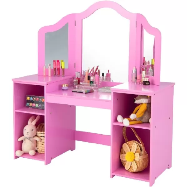 INFANS Kids Vanity, 2 in 1 Princess Makeup Desk &amp; Chair Set with Tri-Folding Detachable Mirror, Large Storage Shelves, Wooden Pretend Play Dressing Table for Girls