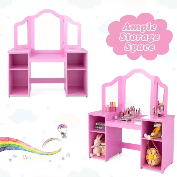 INFANS Kids Vanity, 2 in 1 Princess Makeup Desk &amp; Chair Set with Tri-Folding Detachable Mirror, Large Storage Shelves, Wooden Pretend Play Dressing Table for Girls