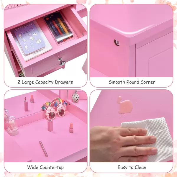 INFANS Kids Vanity, 2 in 1 Princess Makeup Desk &amp; Chair Set with Tri-Folding Detachable Mirror, Large Storage Shelves, Wooden Pretend Play Dressing Table for Girls