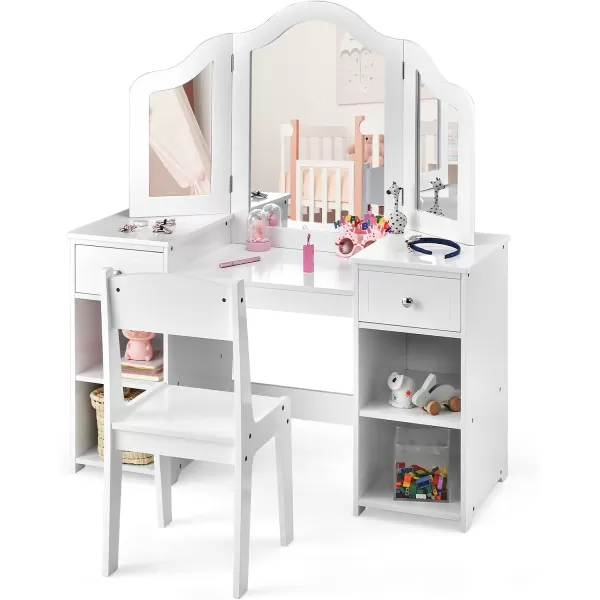 INFANS Kids Vanity, 2 in 1 Princess Makeup Desk &amp; Chair Set with Tri-Folding Detachable Mirror, Large Storage Shelves, Wooden Pretend Play Dressing Table for Girls
