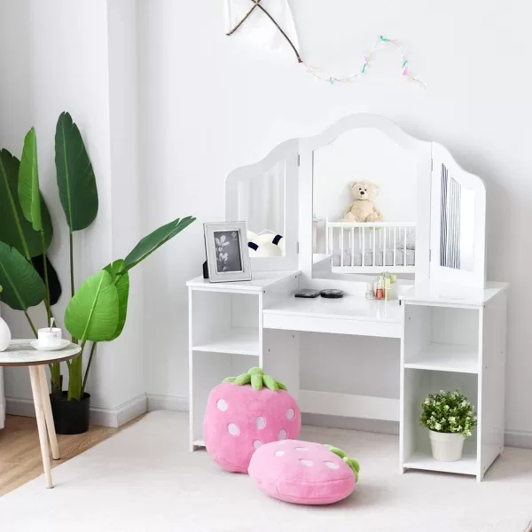 INFANS Kids Vanity, 2 in 1 Princess Makeup Desk &amp; Chair Set with Tri-Folding Detachable Mirror, Large Storage Shelves, Wooden Pretend Play Dressing Table for Girls