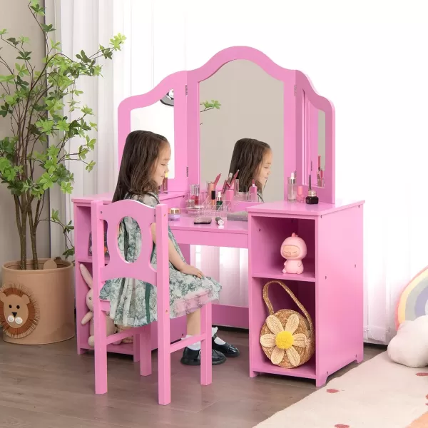 INFANS Kids Vanity, 2 in 1 Princess Makeup Desk &amp; Chair Set with Tri-Folding Detachable Mirror, Large Storage Shelves, Wooden Pretend Play Dressing Table for Girls