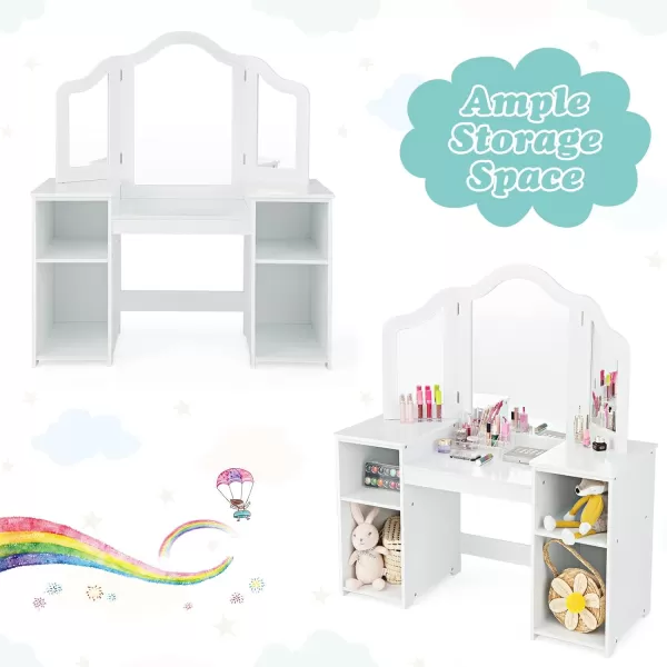 INFANS Kids Vanity, 2 in 1 Princess Makeup Desk &amp; Chair Set with Tri-Folding Detachable Mirror, Large Storage Shelves, Wooden Pretend Play Dressing Table for Girls