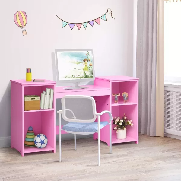 INFANS Kids Vanity, 2 in 1 Princess Makeup Desk &amp; Chair Set with Tri-Folding Detachable Mirror, Large Storage Shelves, Wooden Pretend Play Dressing Table for Girls