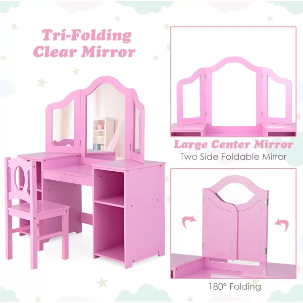 INFANS Kids Vanity, 2 in 1 Princess Makeup Desk &amp; Chair Set with Tri-Folding Detachable Mirror, Large Storage Shelves, Wooden Pretend Play Dressing Table for Girls
