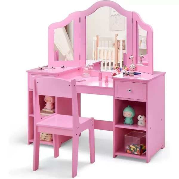 INFANS Kids Vanity, 2 in 1 Princess Makeup Desk &amp; Chair Set with Tri-Folding Detachable Mirror, Large Storage Shelves, Wooden Pretend Play Dressing Table for Girls